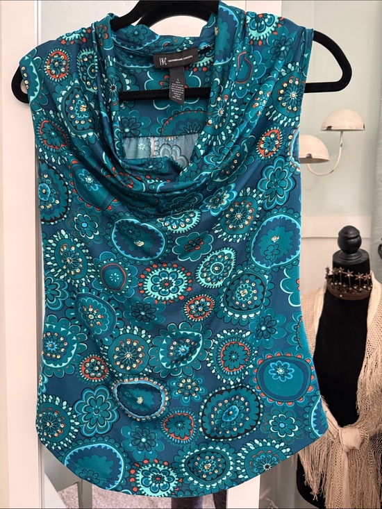 INC International Concepts Tops - INC International Concepts Teal Floral Cowl Neck Tank Top